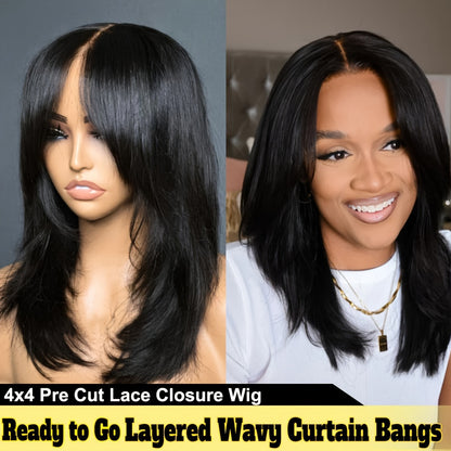 Easy-To-Wear 24" Mullet Wig With Bangs - 150% Density Bone Straight Human Hair, Glueless Lace Closure, Natural Brazilian Remy Hair For Women