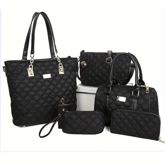 6pcs Chic Argyle Quilted Women's Purse Set - Stylish Solid Color Tote Bag with Boston Handbag, Crossbody Bag, Long Wallet, Wristlet Clutch, Coin Purse, and Key Holder - Perfect for Daily Use, Travel, and Work Chic Le'Meek