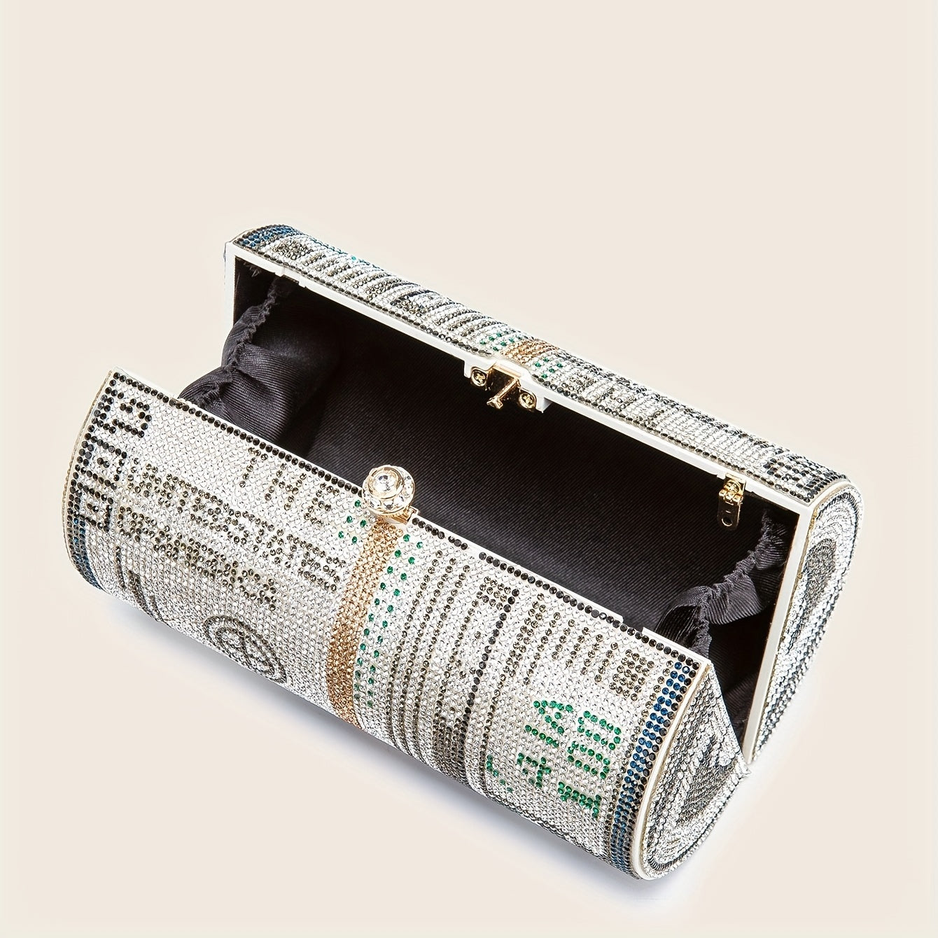 Sparkling Dollar Pattern Clutch Bag - Glamorous Cylinder Rhinestone Glitter Kiss Lock with Adjustable Metal Chain