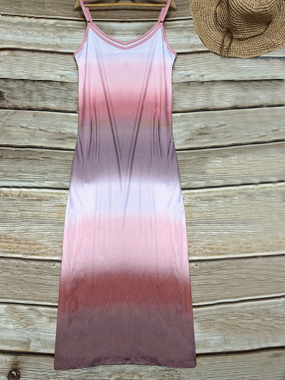 Plus Size Tie Dye Pocket Cami Dress - Flowy Long Length, Sleeveless, V Neck, Casual Style with Pocket - Perfect for Spring and Summer, Designed for Womens Plus Size Clothing