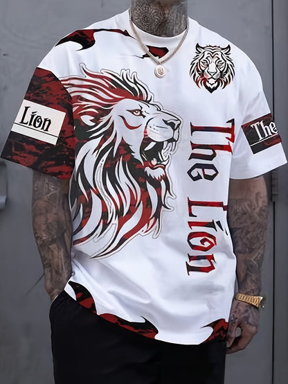 Stylish Men's T-Shirt with Striking Lion Graphic - Comfortable Short Sleeve Crew Neck - Ideal for Summer Outdoor Activities & Daily Wear