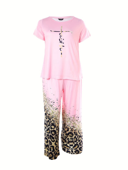 Plus Size Trendy Pajamas Set, Women's Plus Cross Letter & Leopard Print Short Sleeve Round Neck Tee & Pants Lounge 2 Piece Set