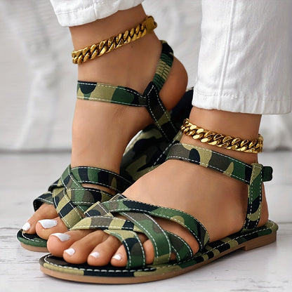 Stylish Camo Print Flat Sandals - Lightweight, Breathable, Elastic Crisscross Bands, Open Toe, Beach, Walking, and Everyday Wear