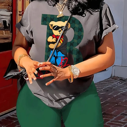2pcs/set Of Casual Bear Letter Printed Short-sleeve T-shirts And Shorts Chic Le'Meek