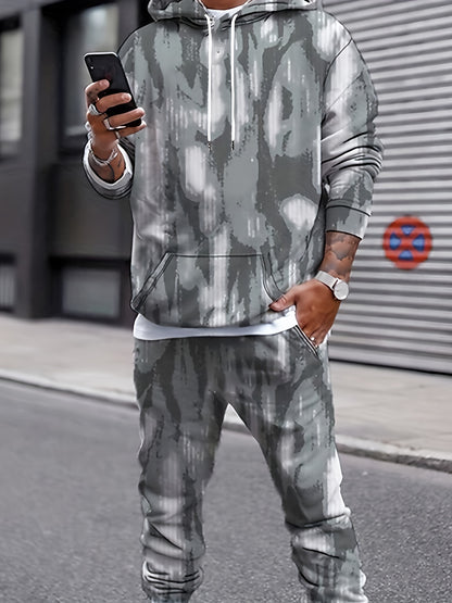 Casual Sporty Two-Piece Outfit With All-over Digital Pattern Print, Long Sleeve Hoodie And Pants Co Ord Set