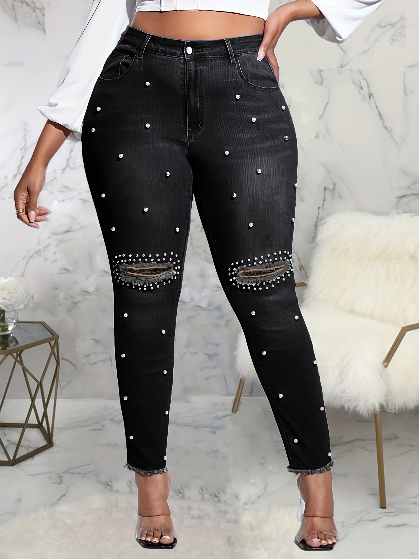 Plus Size Casual Jeans, Women's Plus Faux Pearl Decor Washed Ripped Button Fly Fringe Trim High Rise High Stretch Skinny Jeans For Fall