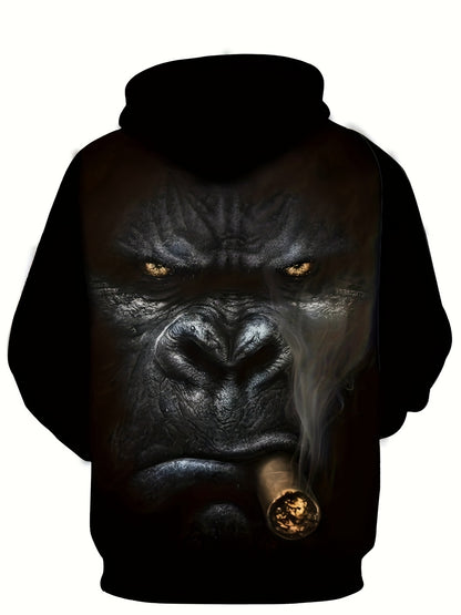 Plus Size Men's Vibrant 3D Gorilla Graphic Print Hooded Sweatshirt for Spring and Fall Seasons - Soft Fleece Lining, Casual Wear, Relaxed Fit, Long Sleeve, Pullover Design - Perfect for Outdoor Activities and Daily Wear