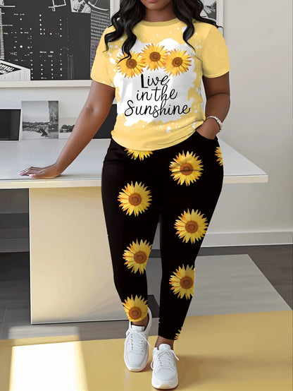 Floral Print Live In The Sunshine Lettering Women's Casual Suit - Pants With Pockets Chic Le'Meek
