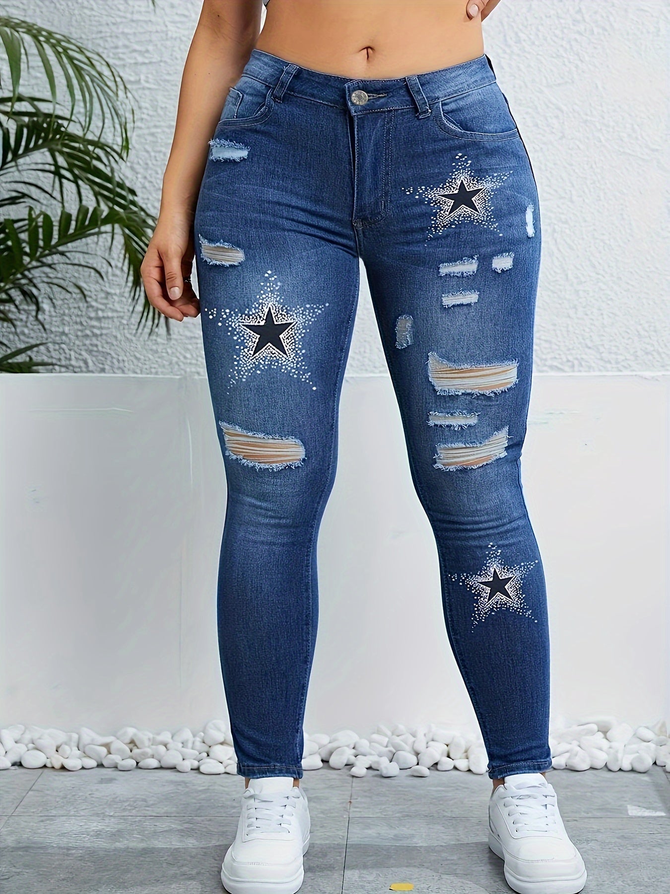 Plus Size Casual Jeans, Women's Plus Star Print Ripped Button Fly High Rise High Stretch Skinny Jeans