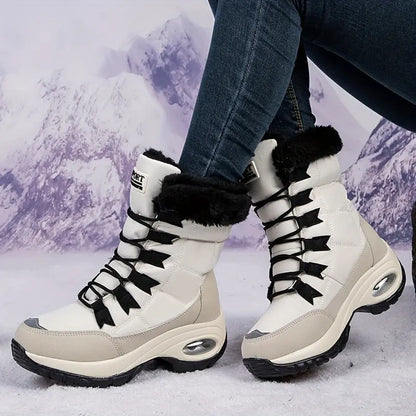 Warmth & Comfort Guaranteed: Womens Thickened Air Cushion Snow Boots - Flannel Lined, Non-Slip, Round Toe, PU Sole, Non-Woven Upper - Perfect for Hiking and Winter Activities Chic Le'Meek
