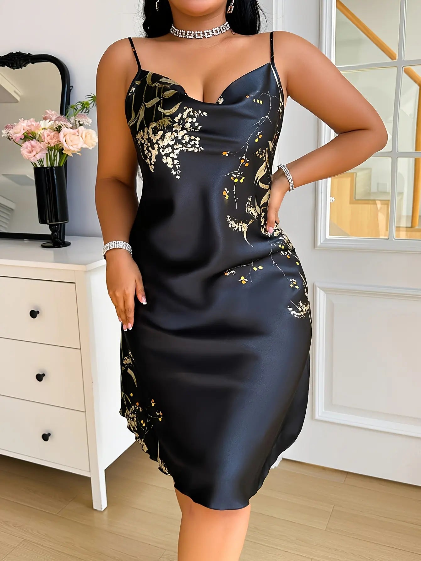 Plus Size Women's Black & Golden Floral Print Spaghetti Strap Nightgown Temu
