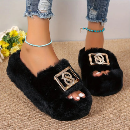 [Plush Slippers] Comfortable Women's Plush Slippers | Thick Sole, Faux Furry Material, Black/Brown/Grey, Metallic Buckle - Indoor Shoes for All Seasons Chic Le'Meek