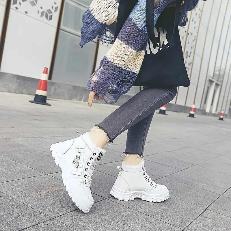 [Warm Fleece-Lined Winter Boots] Warm Fleece-Lined Women's Winter High-Top Boots - Thick Rubber Sole, Lace-Up Casual Style, White & Beige, Perfect for Cold Weather Comfort Chic Le'Meek