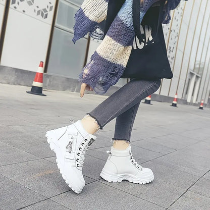 [Warm Fleece-Lined Winter Boots] Warm Fleece-Lined Women's Winter High-Top Boots - Thick Rubber Sole, Lace-Up Casual Style, White & Beige, Perfect for Cold Weather Comfort Chic Le'Meek