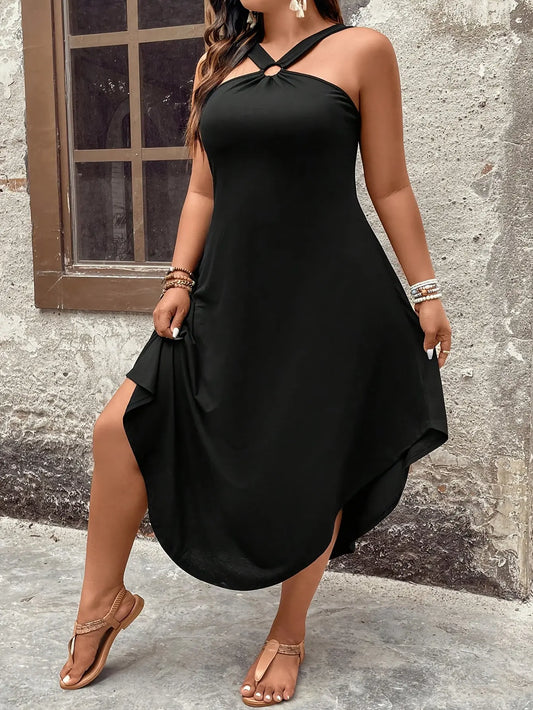 Women's Plus Size Elegant Halter Neck Maxi Dress - Formal or Casual Party, Beach, Everyday Outfits - Machine Washable Polyester Evening Gown for Women, Dresses for Beach, Summer Outfit, Tieback Fashion, Flowy Skirt Style Chic Le'Meek