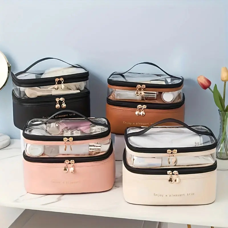 Large Capacity Double Layered Waterproof Transparent Makeup Bag - Portable, Travel-Friendly, Fashionable Cosmetic Storage with Polyester Material and Water Resistance Temu