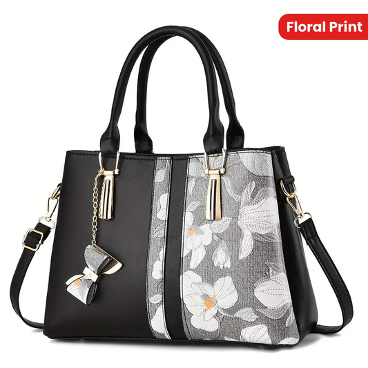 [Chic Floral Print Shoulder Handbag] Elegant Floral Print Women's Handbag - Chic Colorblock Shoulder Bag with Zip Closure, Durable PU Material Chic Le'Meek