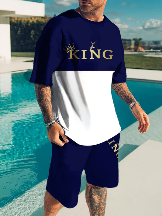 2pcs King Letter Print Mens Summer Outfit Set - Vibrant Color Block Tee & Shorts with Handy Pockets - Comfy Short Sleeve Crew Neck for Stylish Leisure Wear