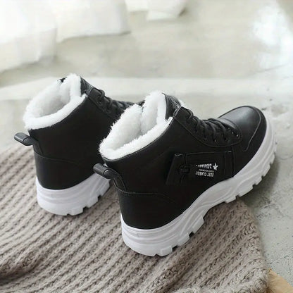 [Warm Fleece-Lined Winter Boots] Warm Fleece-Lined Women's Winter High-Top Boots - Thick Rubber Sole, Lace-Up Casual Style, White & Beige, Perfect for Cold Weather Comfort Chic Le'Meek
