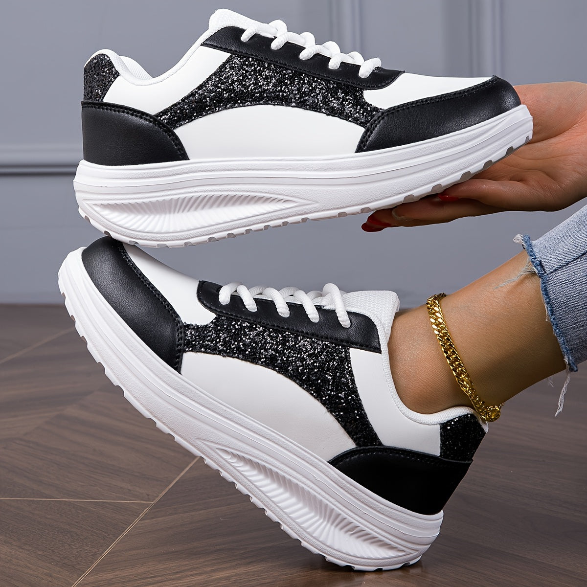 New Season All-Season Lightweight Mesh Breathable Sneakers - Sequin Decorated Faux Leather Upper, Thick EVA Sole, Superfine Fiber Insole, Random Printing - Perfect for Casual Running and Everyday Wear