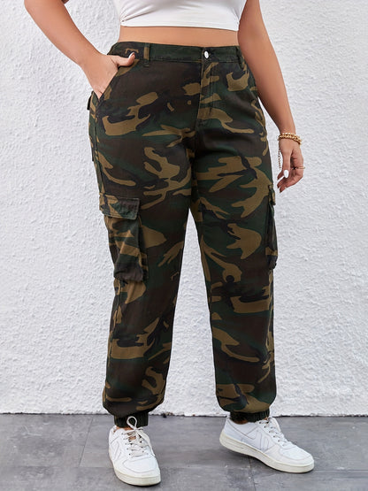 Plus Size Fashion Denim Cargo Pants - High Waist Camo Button Up with Stylish Pockets - Comfortable Casual Wear for Women