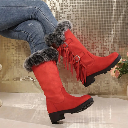 Women's Fluffy Pull On Boots, Platform Soft Sole Thermal Lining Winter Boots, Chunky Heel Tassel & Buckle Snow Boots for halloween Chic Le'Meek