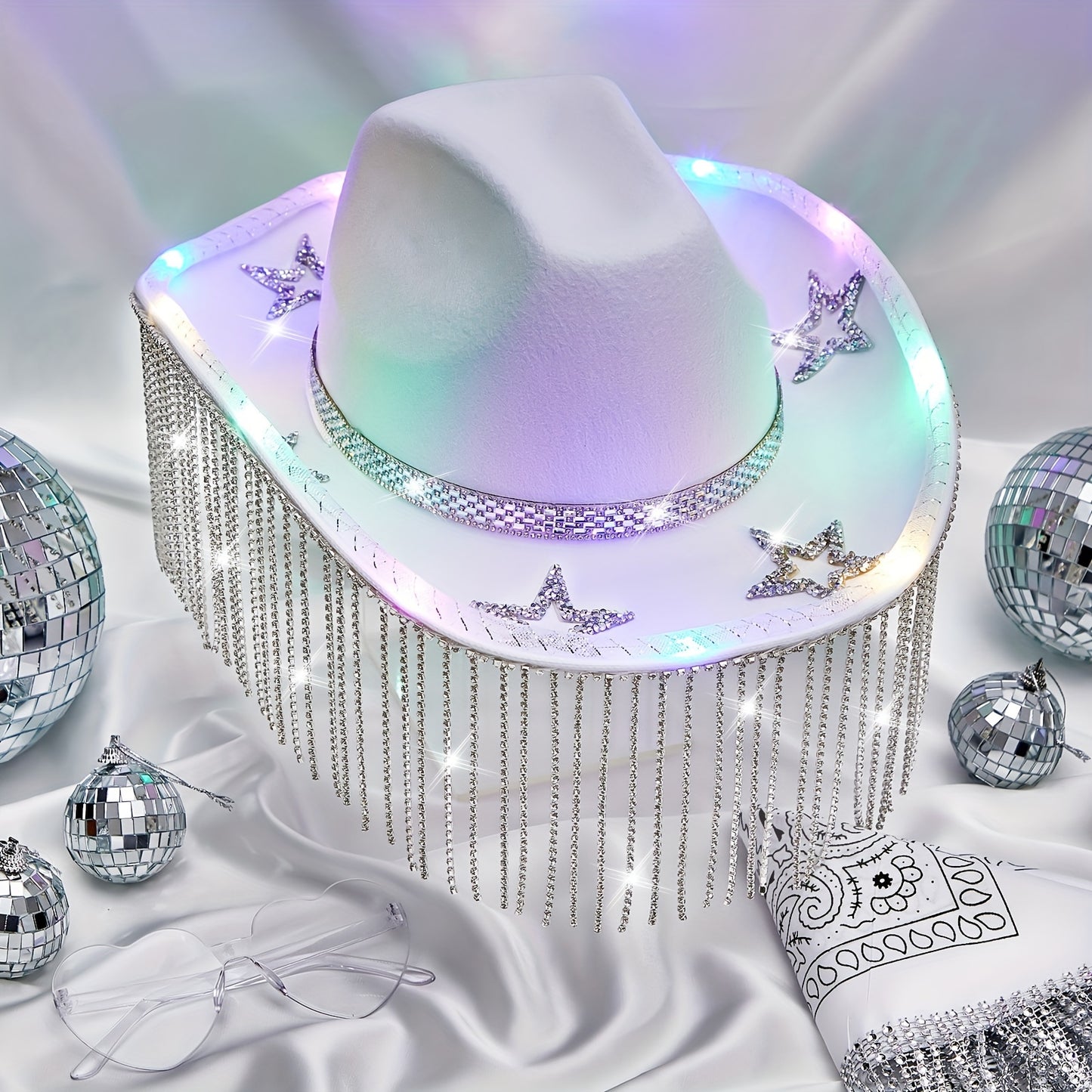 3 Pack Rhinestone Embellished Cowgirl Hats with Glasses, Headscarves, and Adhesive Rhinestone Letter Patches - Sparkling Fashion Accessories for Women