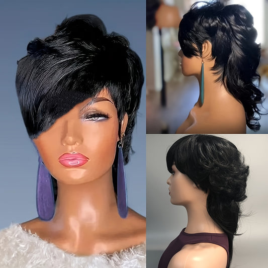 Chic Women's Mullet Pixie Wig - High-Quality Synthetic Hair with Flattering Body Wave - Adjustable Bangs and Comfortable Cap