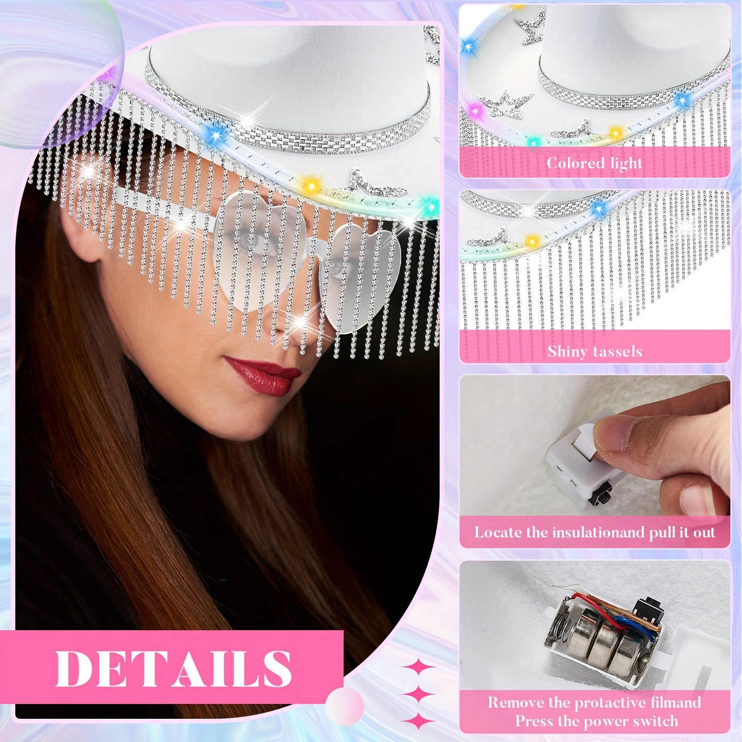 3 Pack Rhinestone Embellished Cowgirl Hats with Glasses, Headscarves, and Adhesive Rhinestone Letter Patches - Sparkling Fashion Accessories for Women