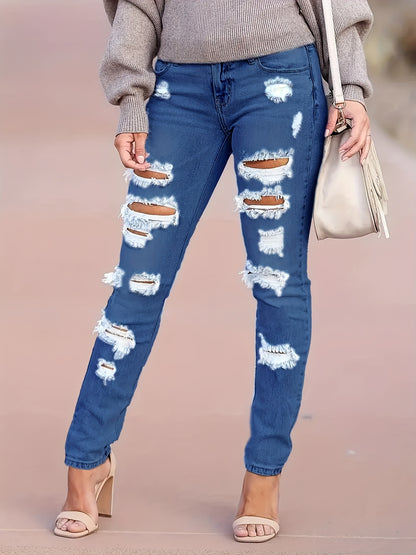 Plus Size Ripped Distressed Casual Style High Stretch Denim Pants, Women's Denim Jeans & Clothing