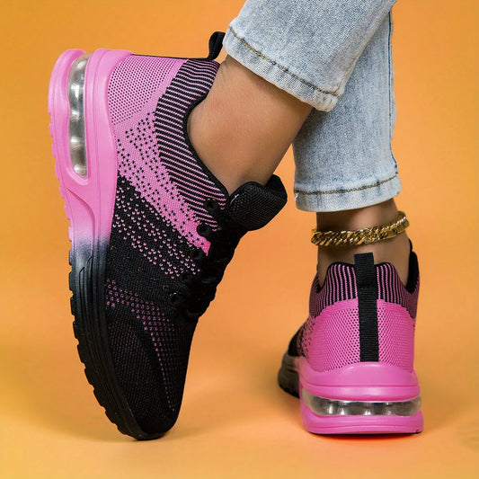 Women's Plus Size Air Cushion Sneakers - Breathable Mesh & Stabilizing Support, All-Season Comfort Casual Running & Fitness Shoes, Stylish Red Sneakers with PU Sole & Fabric Lining, Ladies Sneakers, Vibrant Gradient Design, F Chic Le'Meek