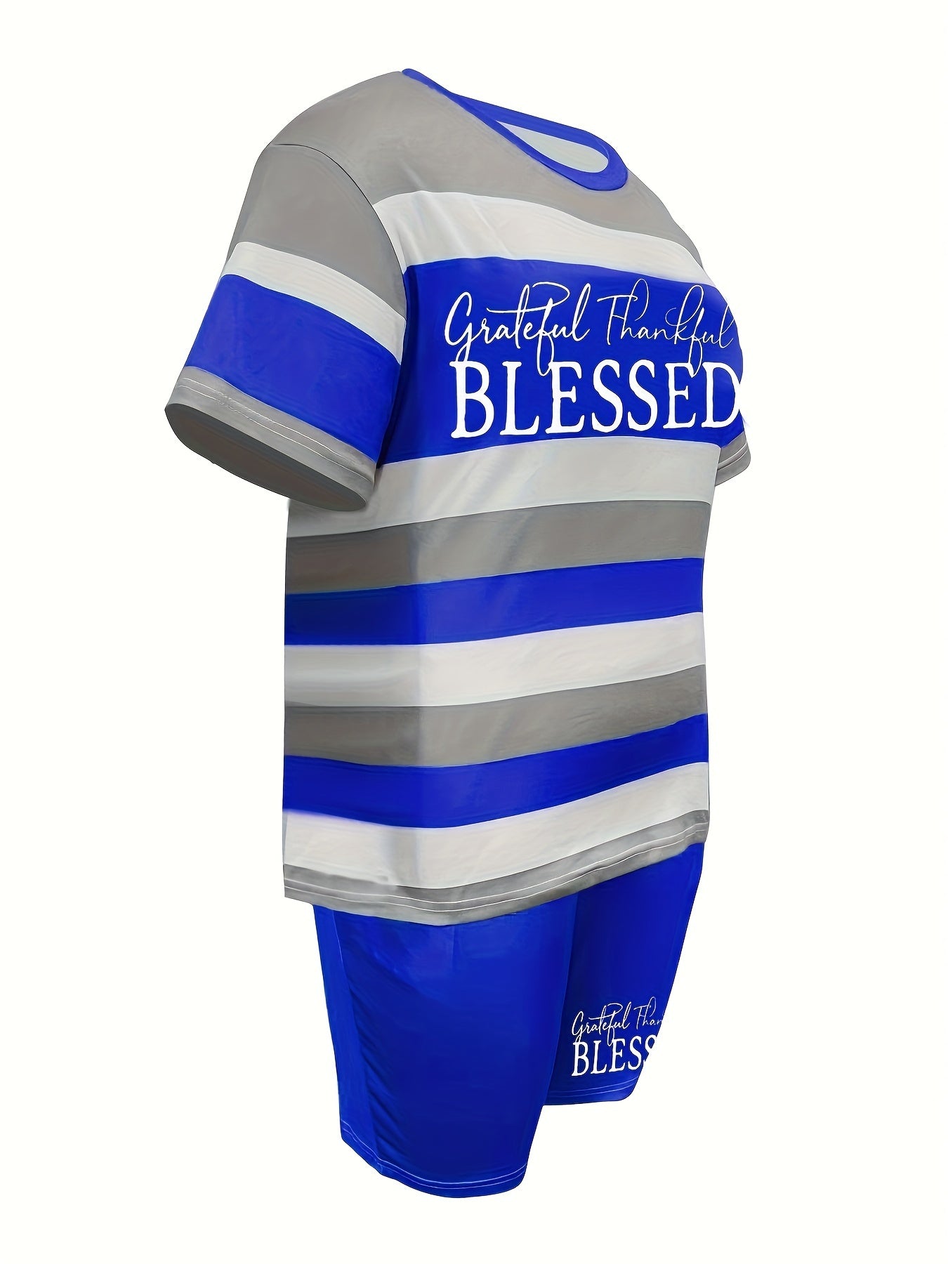 Plus Size BLESSED Print Biker Shorts Set - Comfortable Crew Neck Striped Short Sleeve Tee & Pocket Biker Shorts with Medium Stretch Fabric, Straight Leg Hem, and Positioning Printing - Perfect for Casual Scene