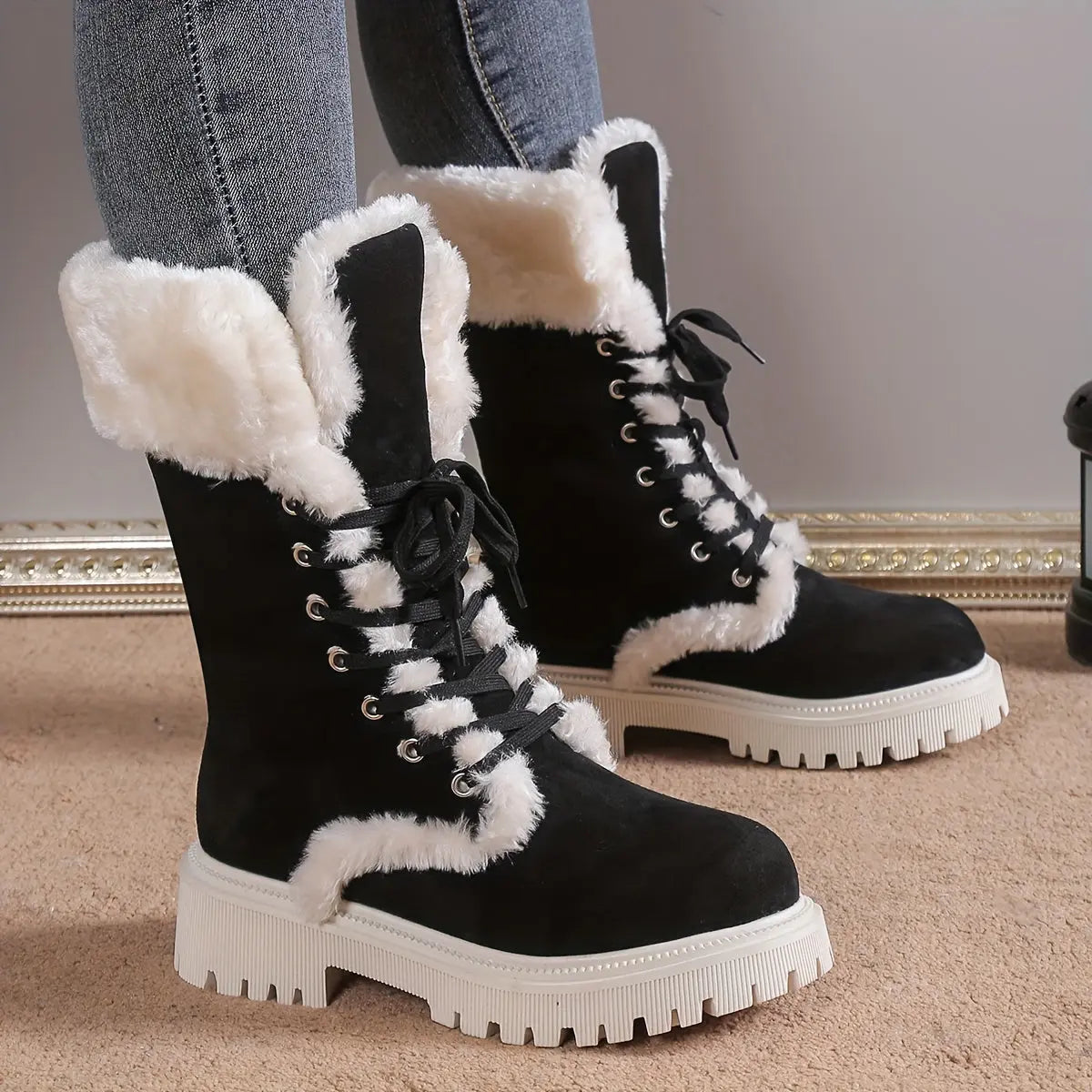 Women's Fashion Casual Lace-Up Mid-Calf Boots with Plush Lining, Round Toe Chunky Low Heel - Velvet Upper, Fabric Lining, TPR Sole Chic Le'Meek