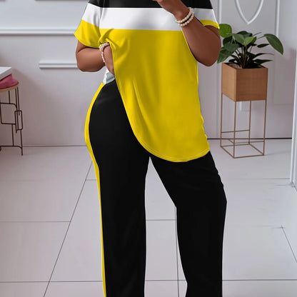 Women'S Plus Size Casual Color Block 2pcs Set - Elegant Crew Neck Short Sleeve Top & Straight Leg Pants, 95% Polyester 5% Elastane, Medium Stretch Knit Fabric, Machine Washable Chic Le'Meek