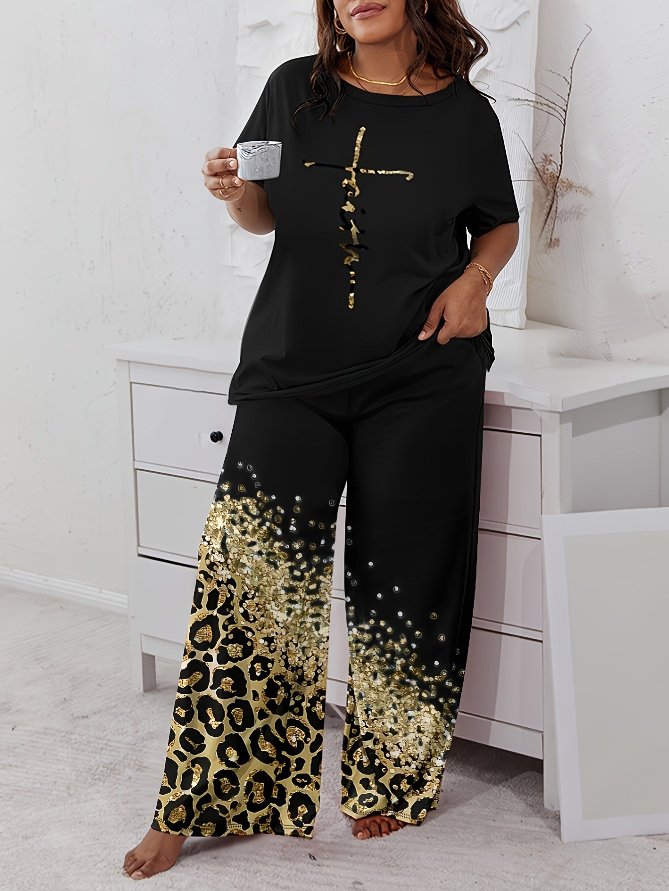 Plus Size Trendy Pajamas Set, Women's Plus Cross Letter & Leopard Print Short Sleeve Round Neck Tee & Pants Lounge 2 Piece Set