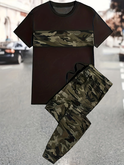 Comfortable 2-Piece Camouflage Set for Plus Size Men - Graphic T-Shirt & Pants Outfit - Perfect for Spring Summer Outdoor Adventures