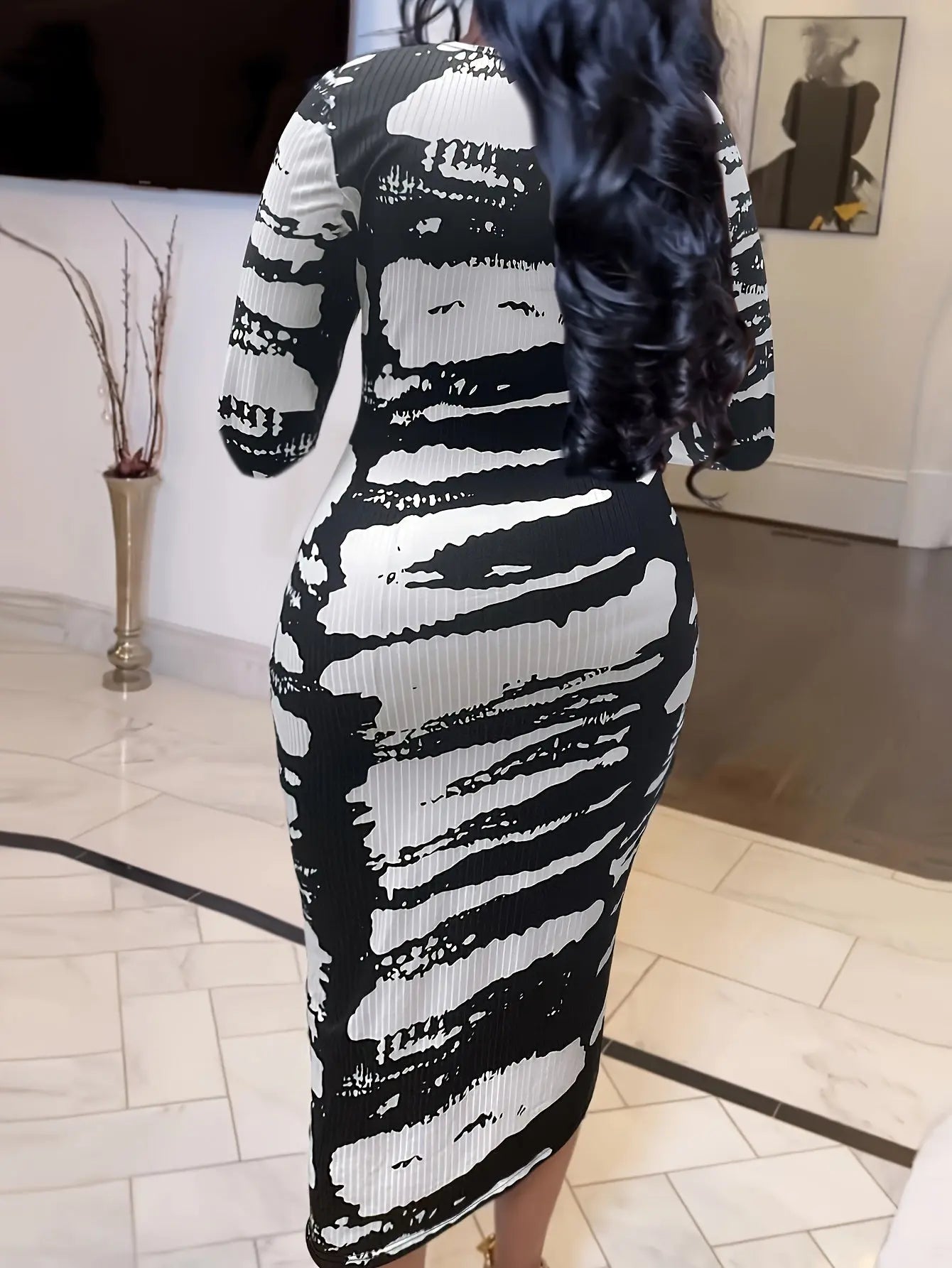 [Minimalist Chic] Elegant Black and White Tie-Dye Maxi Dress for Women - Chic Square Neck, Long Sleeves, Polyester Knit, Machine Washable Chic Le'Meek