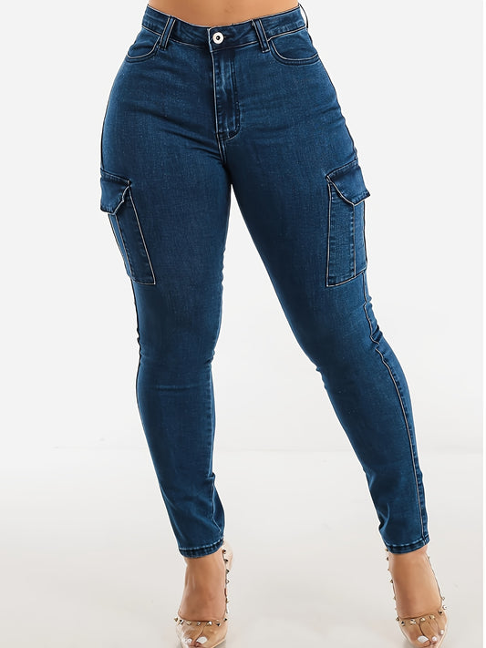 Women's Casual Jeans, Plus Size Side Flap Pocket Plain Blue High Waisted Cargo Slim Fit Denim Pants