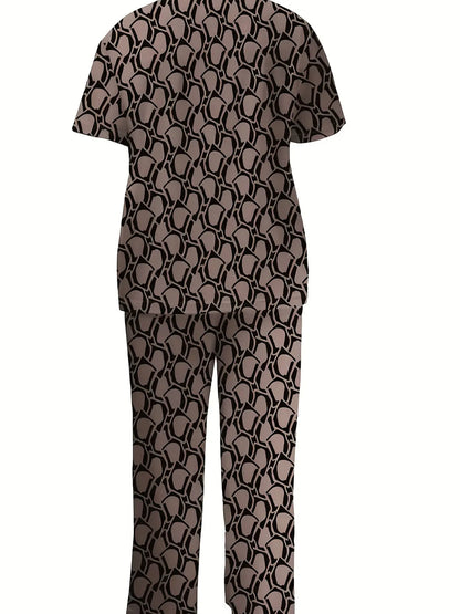 Plus-size Women's Two-piece Set Featuring Trendy Ethnic Digital Print with Round Neck Short Sleeves And Straight-leg Pants Chic Le'Meek