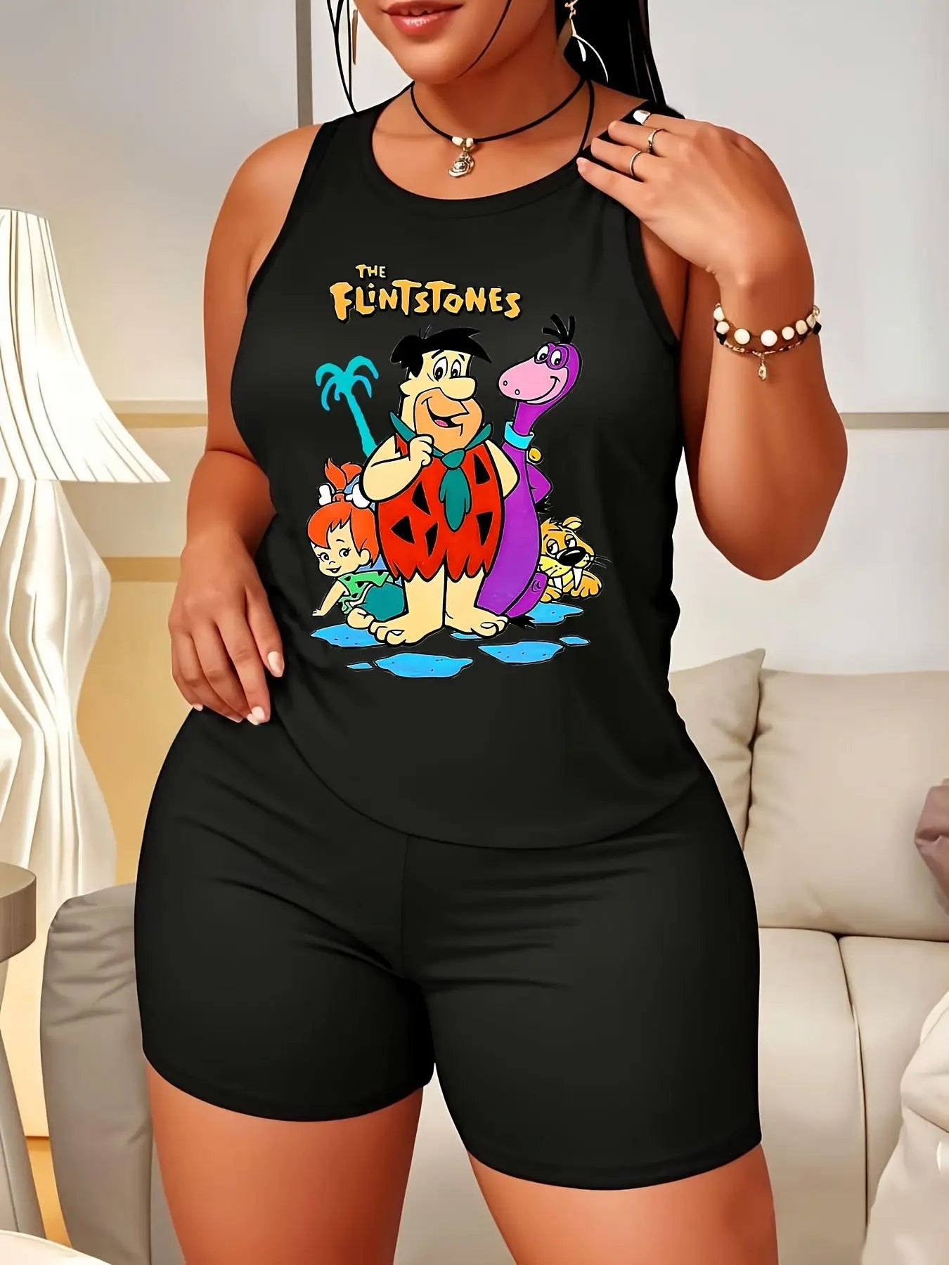 Two Piece Women's Plus Size Sports Fashion Tank And Shorts Set with Animated Sitcom Produced Flintstones Print Casual Pajamas Set Sleeveless Top Pajamas Set and Shorts Chic Le'Meek
