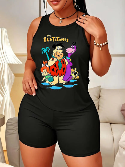 Two Piece Women's Plus Size Sports Fashion Tank And Shorts Set with Animated Sitcom Produced Flintstones Print Casual Pajamas Set Sleeveless Top Pajamas Set and Shorts Chic Le'Meek