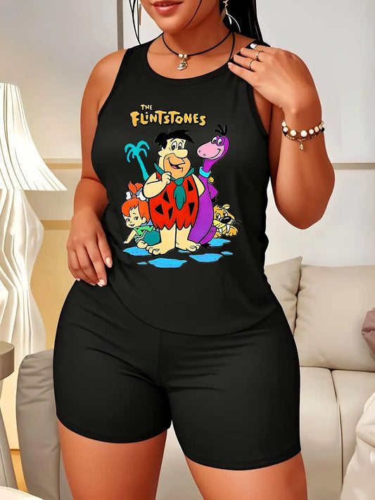 Two Piece Women's Plus Size Sports Fashion Tank And Shorts Set with Animated Sitcom Produced Flintstones Print Casual Pajamas Set Sleeveless Top Pajamas Set and Shorts Chic Le'Meek