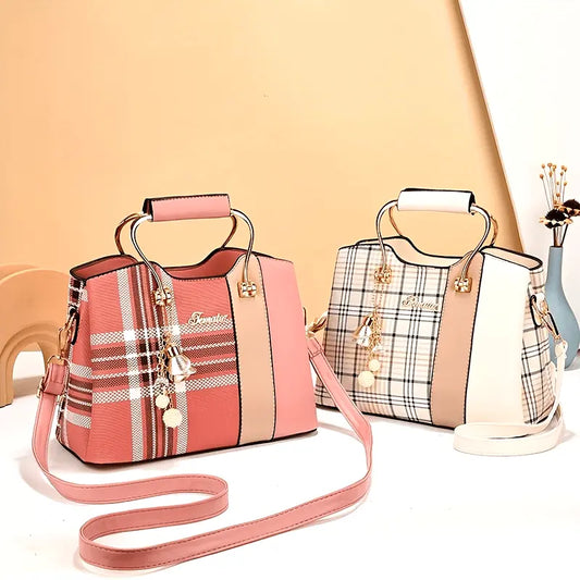 [Elegant Tote Bag] Elegant Plaid Tote Bag | Detachable Shoulder Strap & Zipper Closure, Black with Golden Accents, Charm Charms & Oil-Edged Trim, Versatile Handbag for Casual & Formal Outfits, Retro Handbag, Formal Accessory, Chic Le'Meek