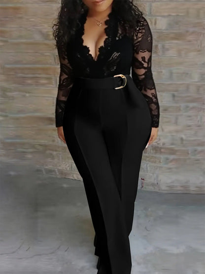 Women'S Plus Size Elegant V-Neck Lace Jumpsuit with Belt - Stretchy Black Long Sleeve Romper AliExpress