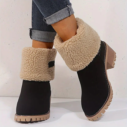 Winter Warm Women's Ankle Strap Platform Chunky Heel Comfort Faux Suede Plush Short Snow Boots Shoes For Woman Chic Le'Meek