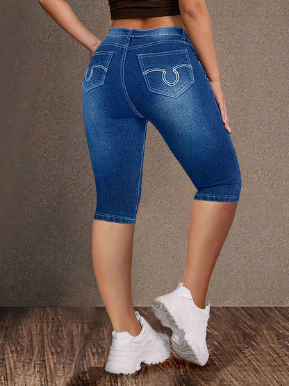 Plus Size Blue Geometric Embroidered Capri Jeans With High Waist And Vintage Retro Style, Women's Denim Jeans & Clothing