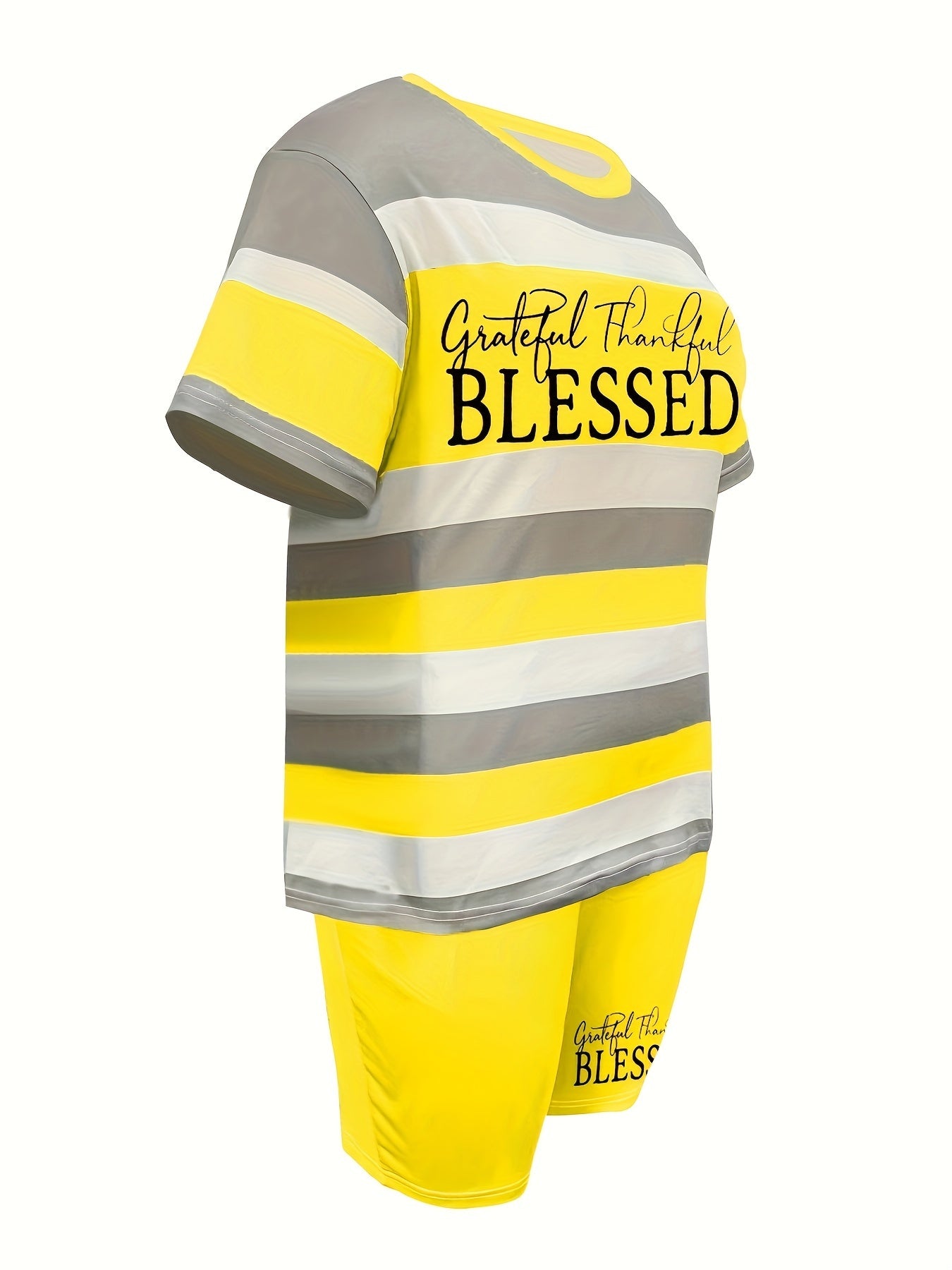 Plus Size BLESSED Print Biker Shorts Set - Comfortable Crew Neck Striped Short Sleeve Tee & Pocket Biker Shorts with Medium Stretch Fabric, Straight Leg Hem, and Positioning Printing - Perfect for Casual Scene