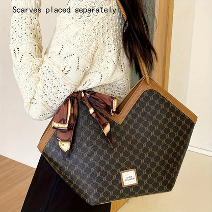 LABOONOO Women'S Vintage-Inspired Tote Bag with Scarf - Elegant, Large Capacity, Zip Closure, Grey & Beige Pattern, Perfect for Casual or Retro Outfits Chic Le'Meek