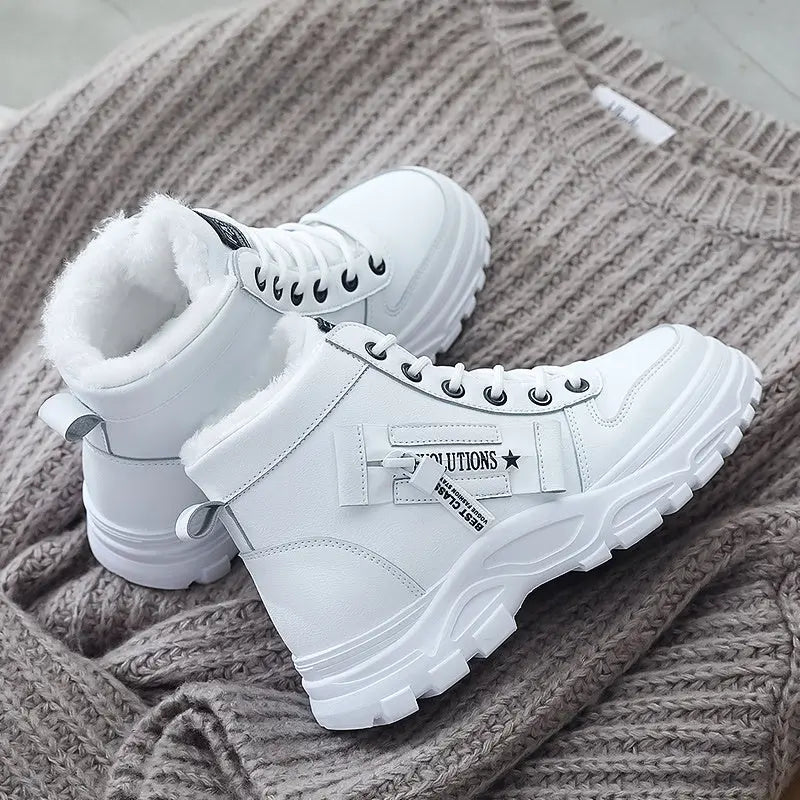 [Warm Fleece-Lined Winter Boots] Warm Fleece-Lined Women's Winter High-Top Boots - Thick Rubber Sole, Lace-Up Casual Style, White & Beige, Perfect for Cold Weather Comfort Chic Le'Meek