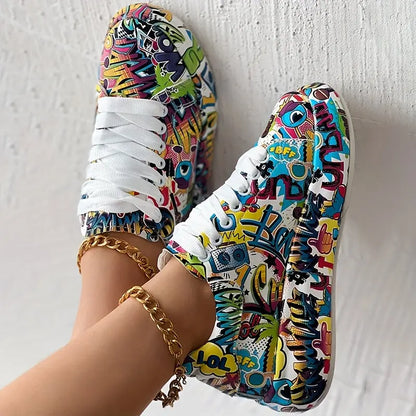 Casual Chic Women's Vibrant Graffiti Print Sneakers - Low Top, Round Toe, Rubber Sole, Faux Cover Interior, All-Season Casual Lace-Up Shoes AliExpress